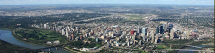 Aerial of downtown Edmonton and the river valley