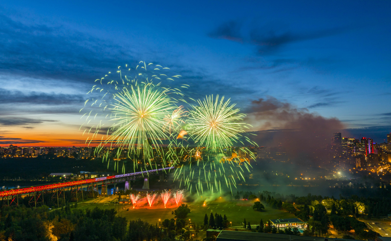 A fireworks display over the High Level Bridge.