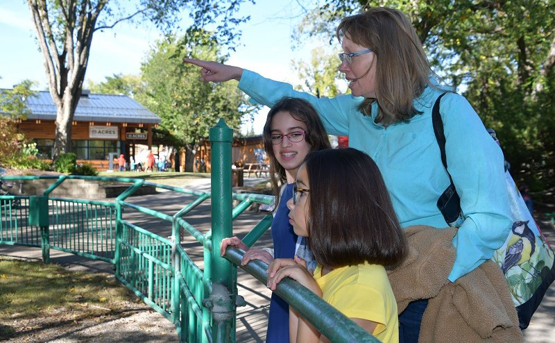 A woman and two young girls looking at a Zoo exhibit.