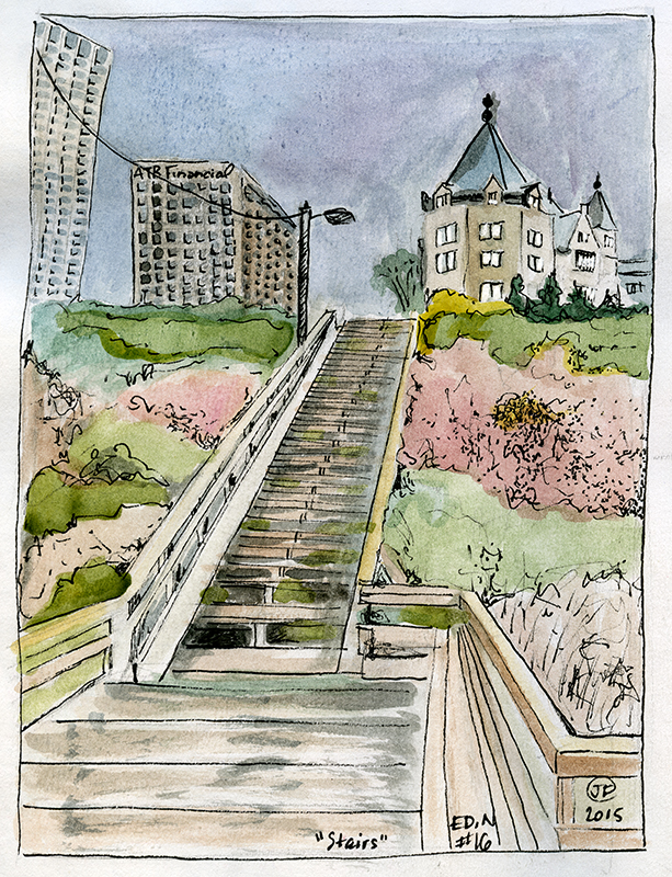 A drawing of outdoor wooden stairs going up a hill towards the City, surrounded by bushes and foliage.