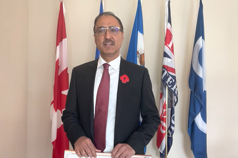 Mayor Amarjeet Sohi delivering Métis Week proclamation.