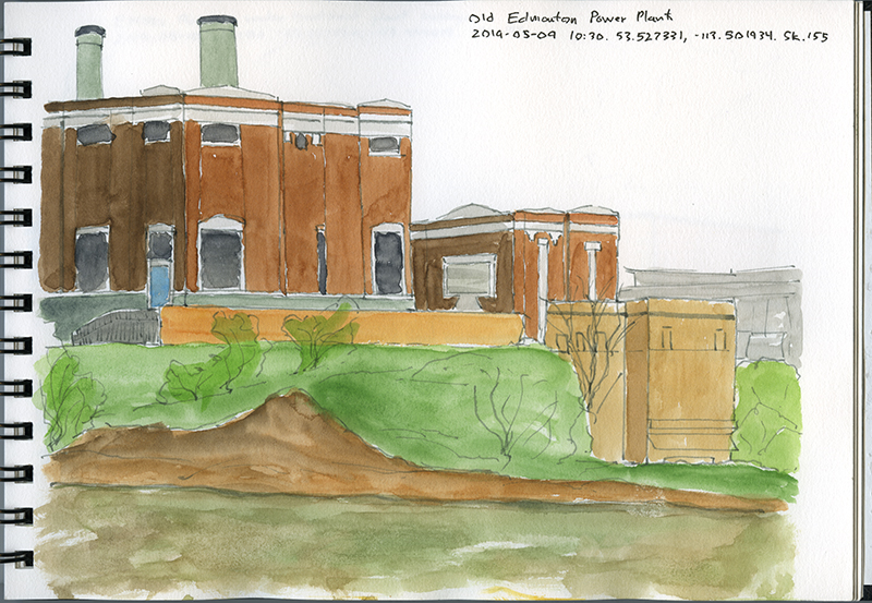 A sketch of a red power plant next to a river.