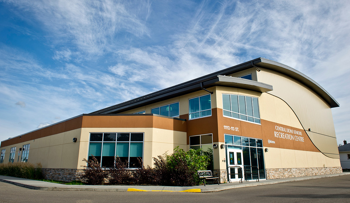front of central lions recreation centre: light coloured corporate building
