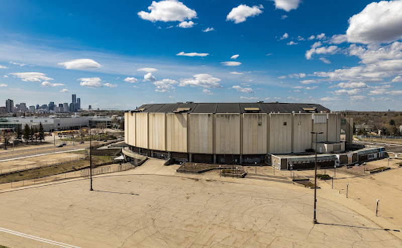 View of the Edmonton Coliseum building from the parking lot
