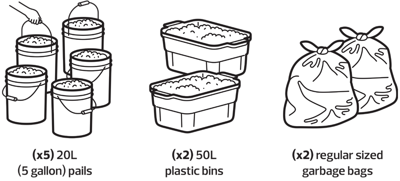 Illustration depicting five 20L pails, two 50L plastic bins and two regular-sized garbage bags