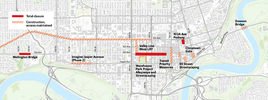 Map of Downtown construction projects showing partial and full closures for 2026