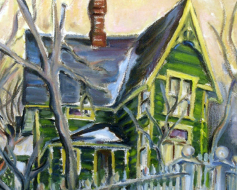 A painting of a green two storey house in winter.