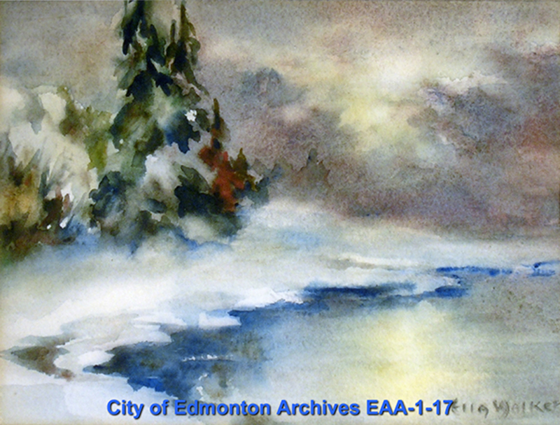 A painting of a lake in winter, frozen over with ice.