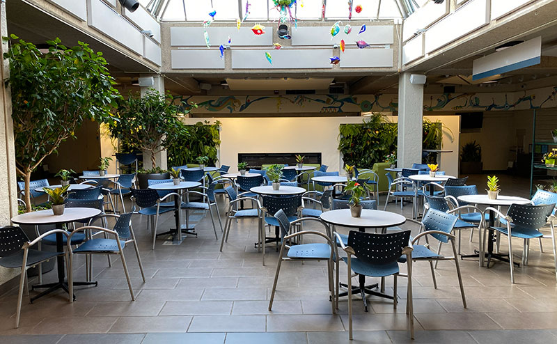 tables and chairs in space decorated with flora