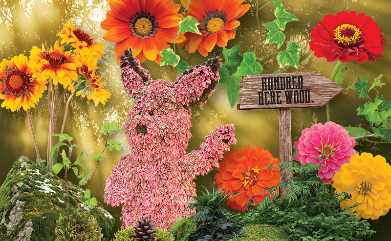 The character Piglet made out of pink flowers, surrounded by flowers of other various colours. A wooden sign post reads "Hundred Acre Wood".