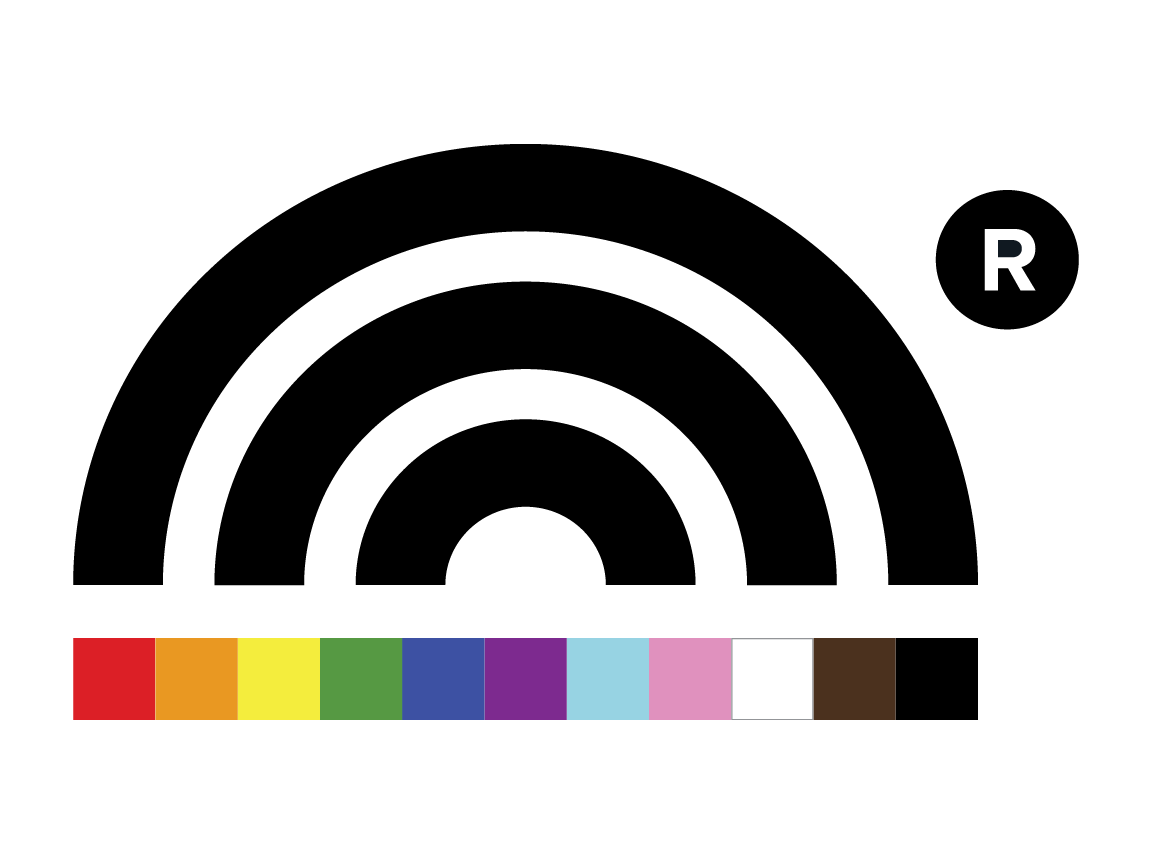 Rainbow Registered logo depicting a black and white rainbow with the colour spectrum below and the registered trademark symbol top right 