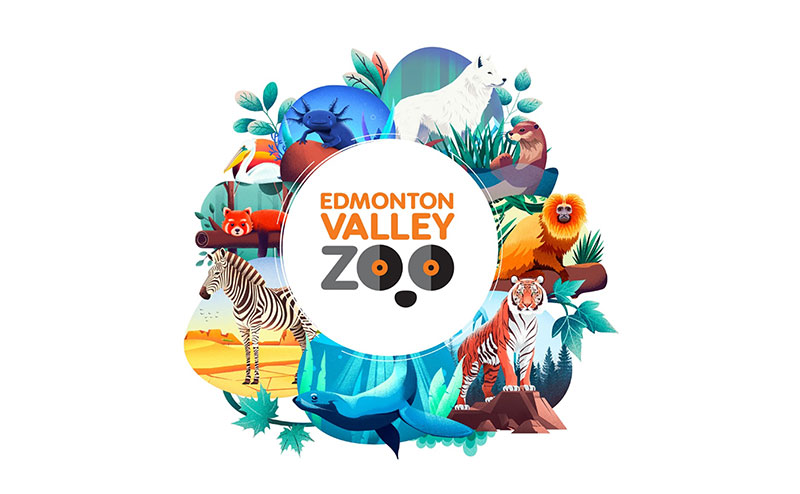 edmonton valley zoo mobile app logo with various animals on a white background