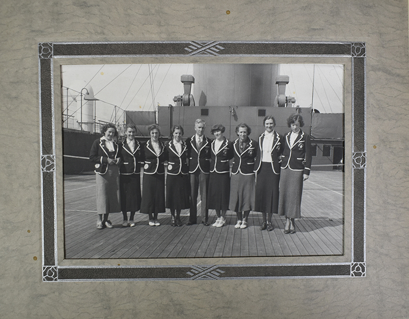 Edmonton Grads, wearing the Team Canada Olympic blazer, on an ocean liner to attend the Olympic games in Berlin, 1936