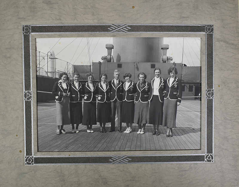 Edmonton Grads, wearing the Team Canada Olympic blazer, on an ocean liner to attend the Olympic games in Berlin, 1936