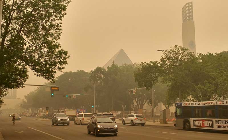 downtown edmonton during a poor quality smoky day