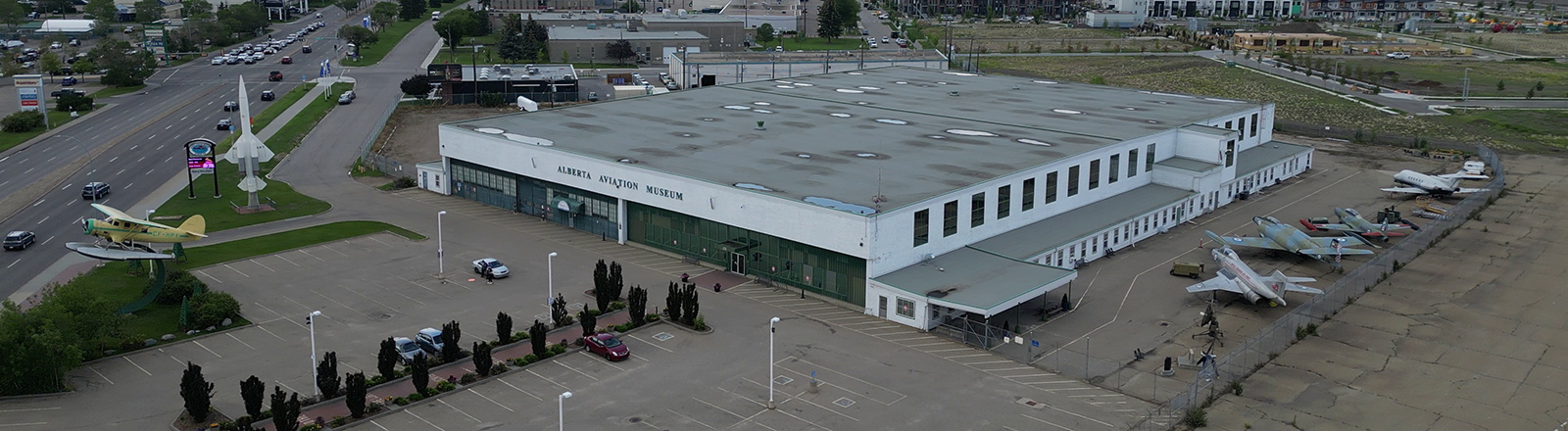 Drone shot of the exterior of the Alberta Aviation Museum