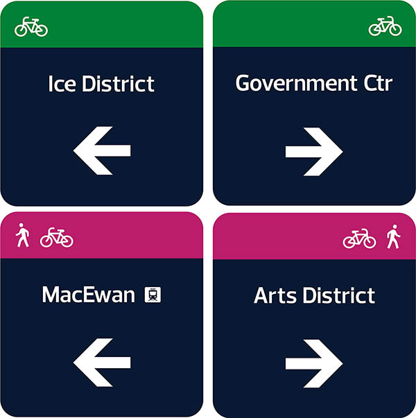 Bike way finding decision sign with turn indication