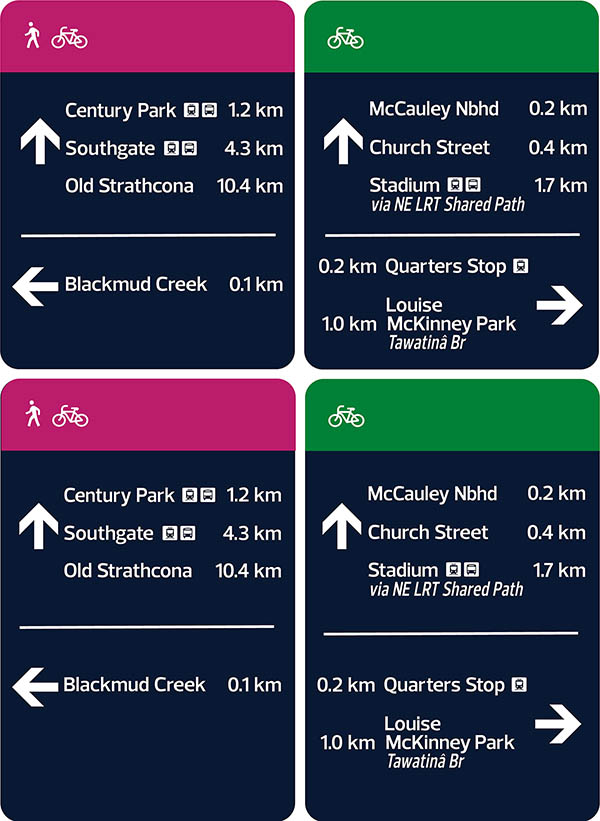 Bike wayfinding sign with direction and destination indicators