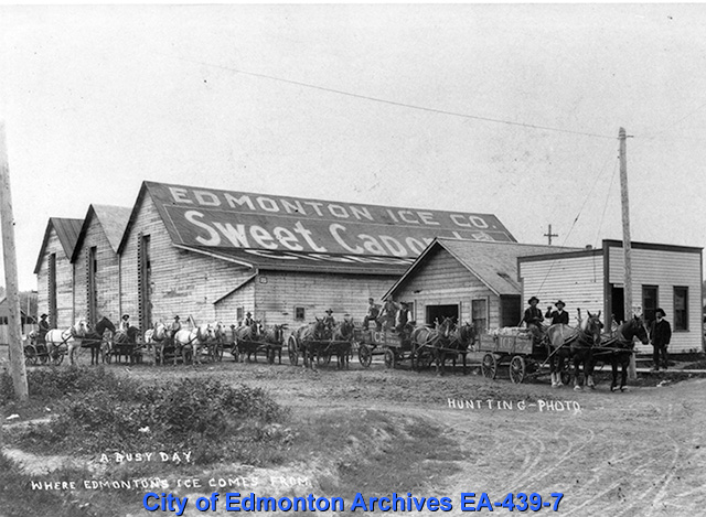 A wooden building with "Edmonton Ice Co." written on the roof.