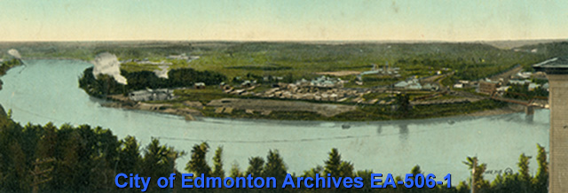 An aerial view of the Edmonton River Valley with early City development