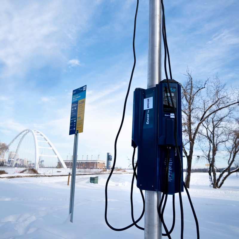 Electric vehicle charging station near Walterdale Bridge