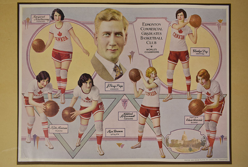 A commemorative picture comprised of colourized photos of the Grads and Percy Page. Text reads "Edmonton Commercial Graduates Basketball Club - World's Champions"