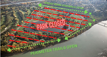 The river valley trail system will remain open around the perimeter during construction. Short-term detours may be necessary at times.