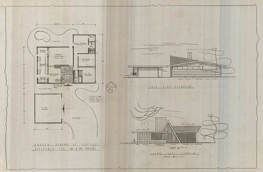 A blueprint by J.N. Stephens showing a floor plan and exteriors from two angles. The text on the image indicates that it's a proposed residence for a Mr. and Mrs. Paveral.