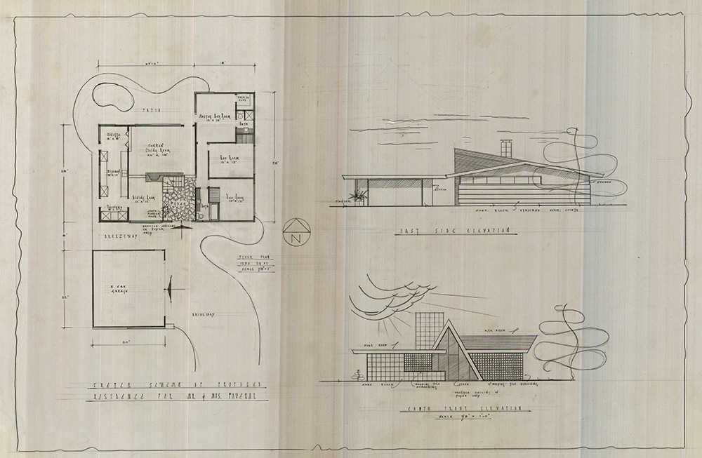 Blueprint sketches of the exterior and interior of a Golden Homes house plan.