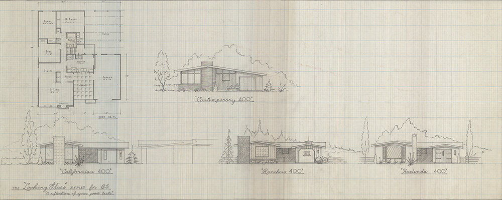 J.N. Stephens blueprint for the "Looking Glass" series. The blueprint is a sheet of grid paper with a floor plan and 4 different exteriors drawn in pencil.