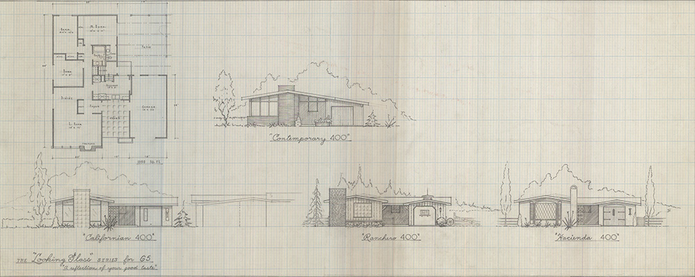 Blueprint sketches of the exterior of various Golden Homes' houses.