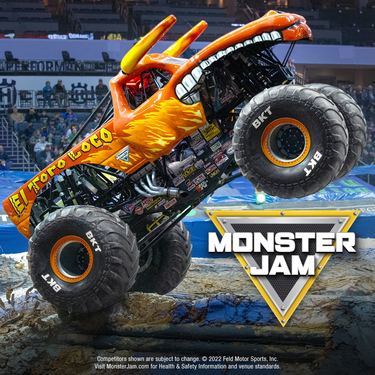 Photo of an orange monster truck, El Toro Loco, on its rear wheels. The Monster Jam logo is superimposed in the bottom-right corner of the image.