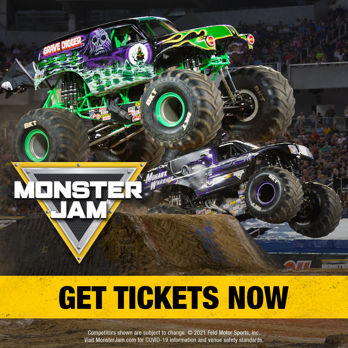 Photo of a green monster truck, Grave Digger, in mid-air as it goes over a jump. The Monster Jam logo is superimposed in the bottom-left corner. The words 'Get Tickets Now' appear in a yellow banner superimposed along the bottom of the image.