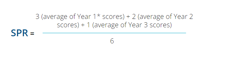 SPR Formula: SPR = 3 (average of Year 1* scores) + 2 (average of Year 2 scores) + 1 (average of Year 3 scores) / 6** => xxx%