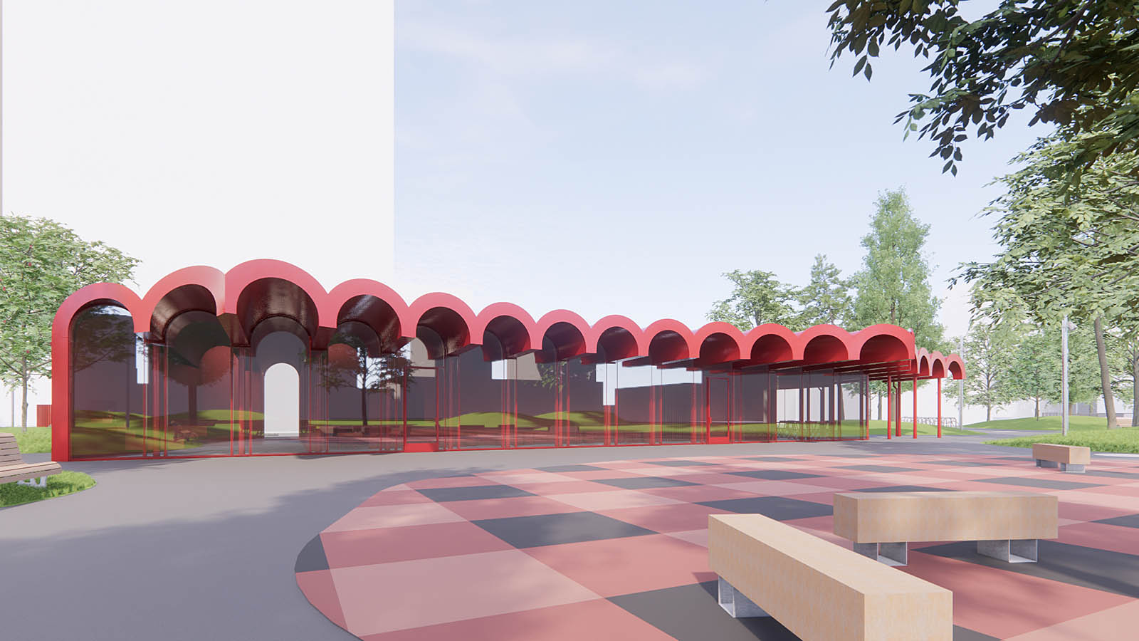 An artistic rendering of the proposed design for the Warehouse Park pavilion
