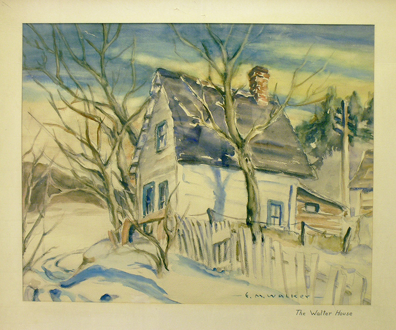 A watercolour sketch of the side view of a white wooden house with an old white fence in the foreground. There is snow on the ground and bare trees surrounding the house.