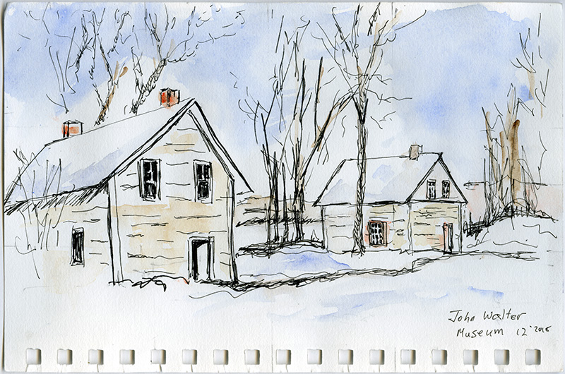 A watercolour sketch of a wood house (foreground) and a second wood  house (background) in the winter. This sketch features snow and bare trees.