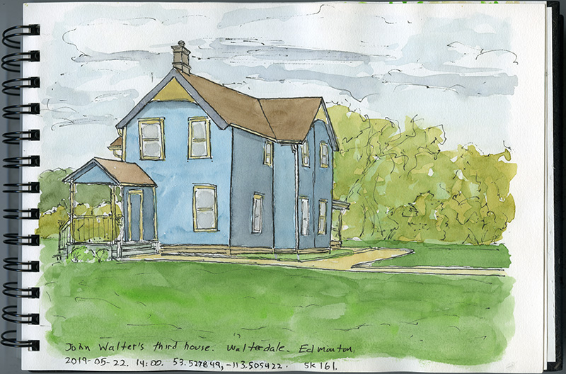 A watercolour sketch featuring a blue 2 storey house with a green lawn and a loosely drawn forest in the background.