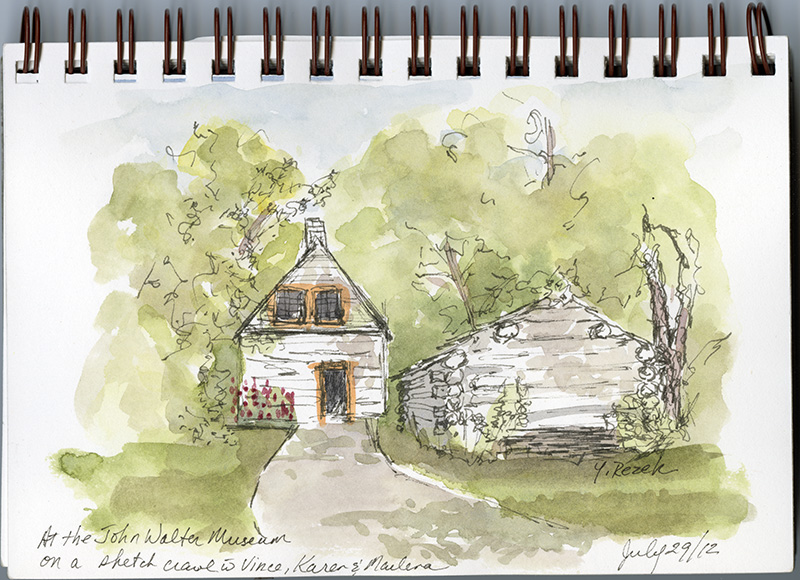 A watercolour sketch of a wood house (left) and a wood shed (right). A forest is loosely drawn in the background.