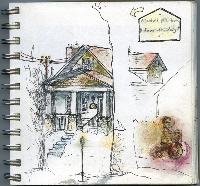 A lightly coloured sketch of a two storey townhouse. In the foreground, a tree is partially obscuring the house and a child is riding a bike.