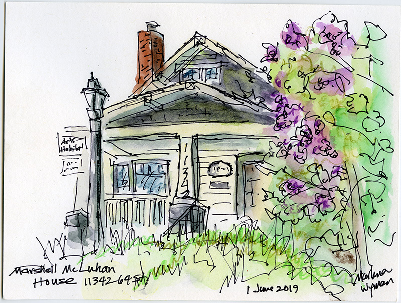 A colourful loose sketch of a white townhouse, and a green tree with purple flowers.