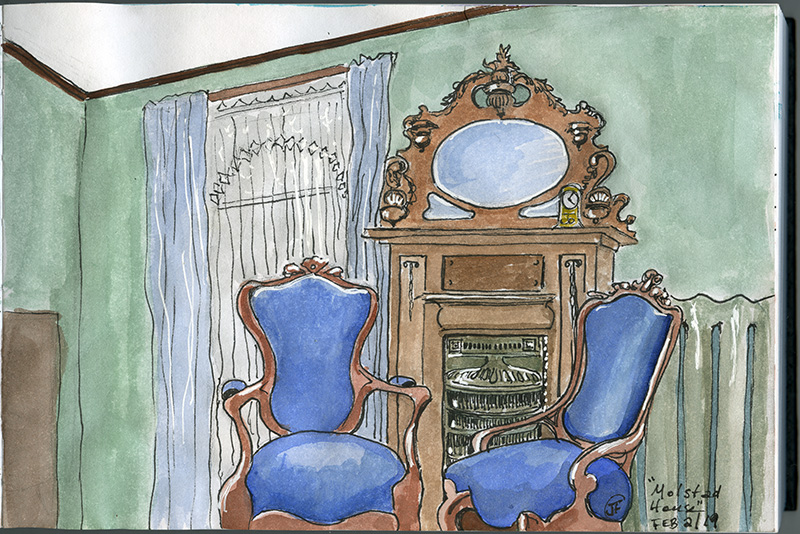 A coloured sketch of two blue armchairs in front of an ornate Victorian-style mirror.