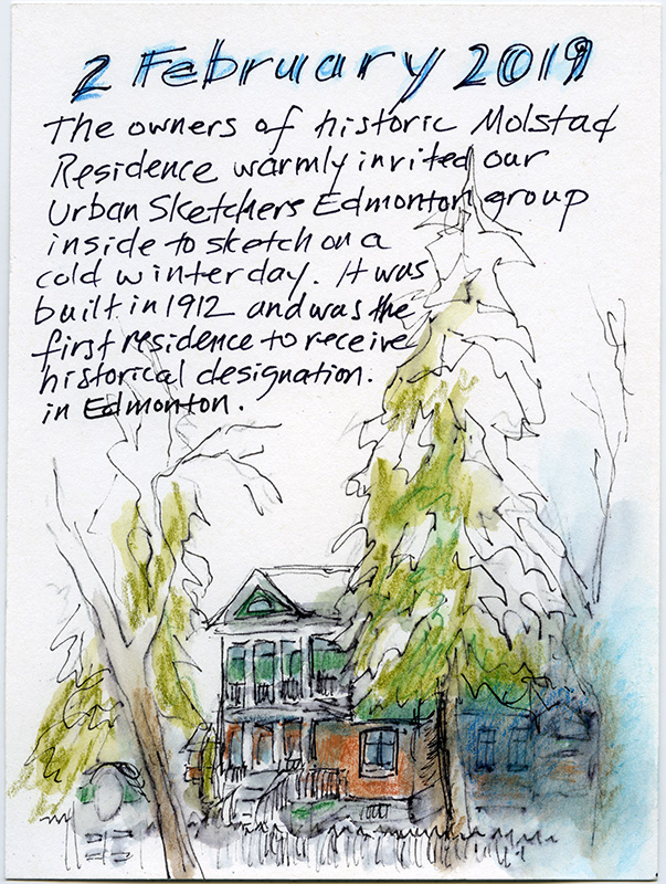 A sketch of a two storey house framed by two pine trees, featuring hand-written text above the drawing.