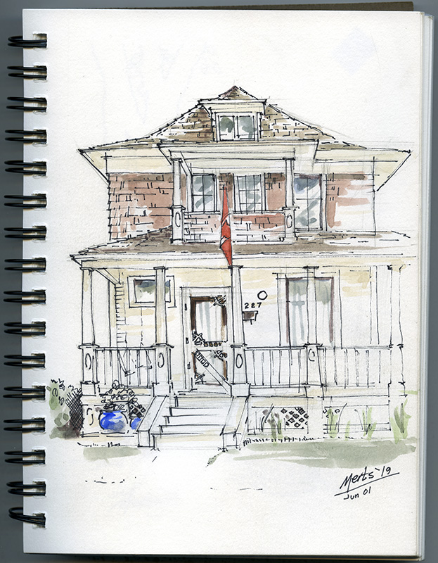 A lightly coloured sketch of a 2 storey brick house with a white porch.