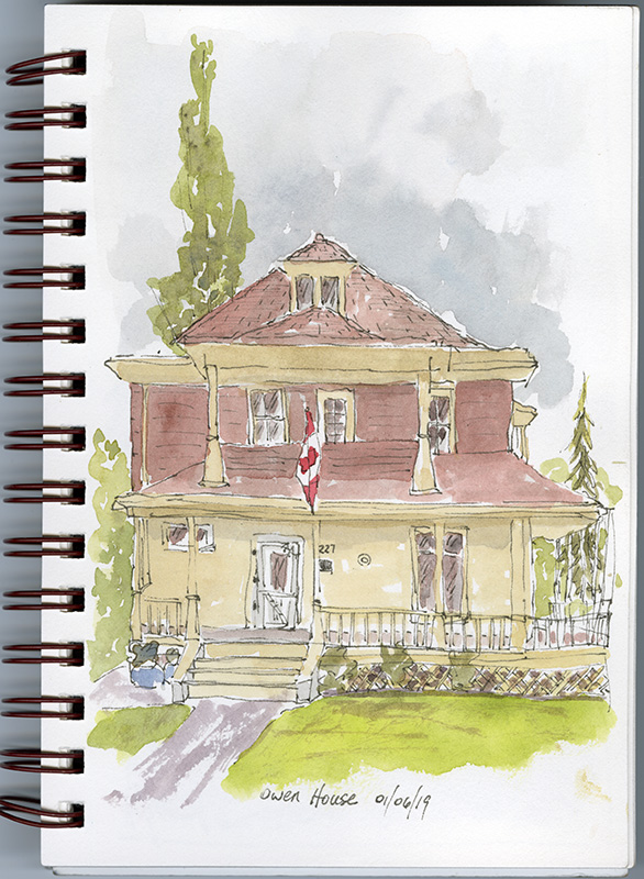 A watercolour sketch of a 2 storey brick house with a porch, a green lawn, and trees in the background.
