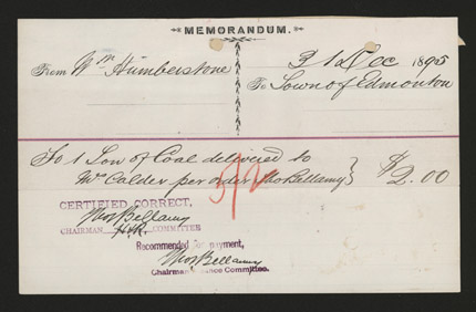 Invoice from William Humberstone to the Town of Edmonton, 1895