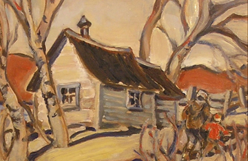A painting of a white house, framed by bare trees.