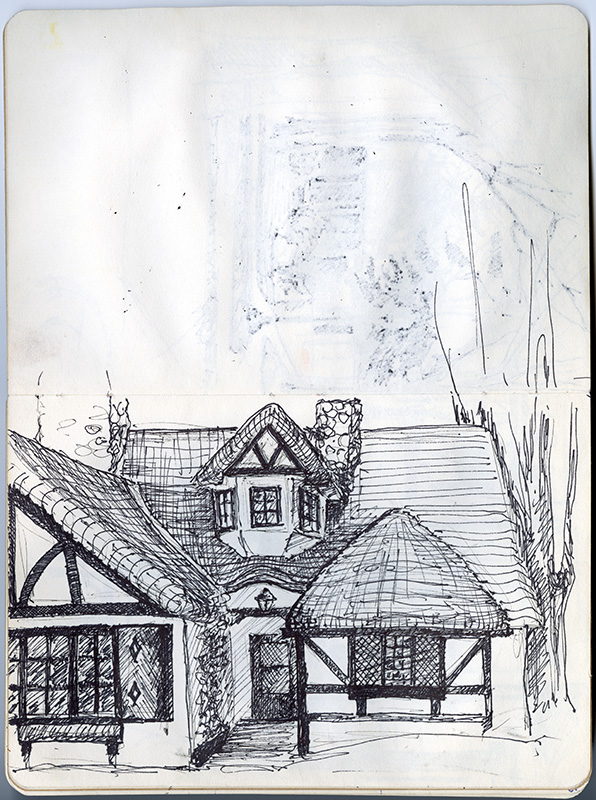 A black and white sketch of a Tudor Period style house.