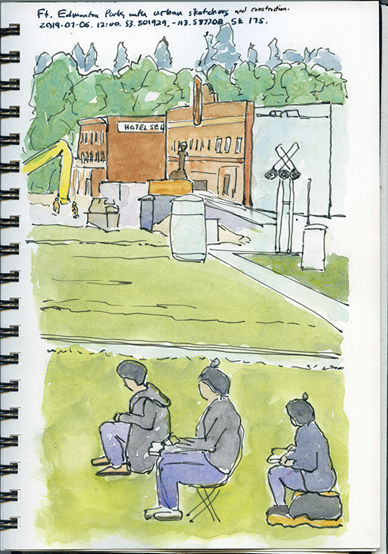 A sketch of people sitting in the grass and drawing.