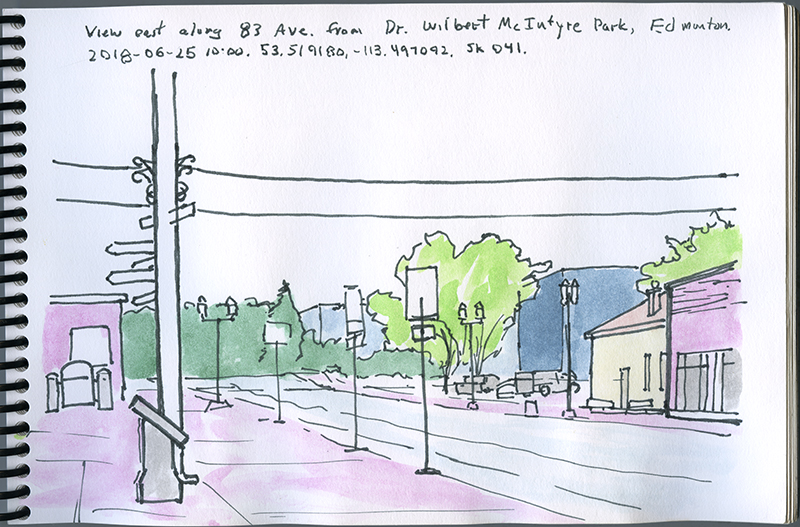 A sketch of a road, buildings, street signs, and trees.